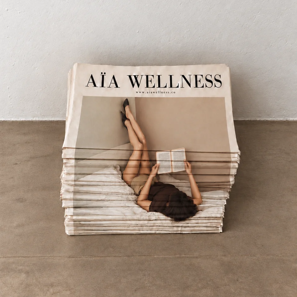A stack of AÏA Wellness newspapers